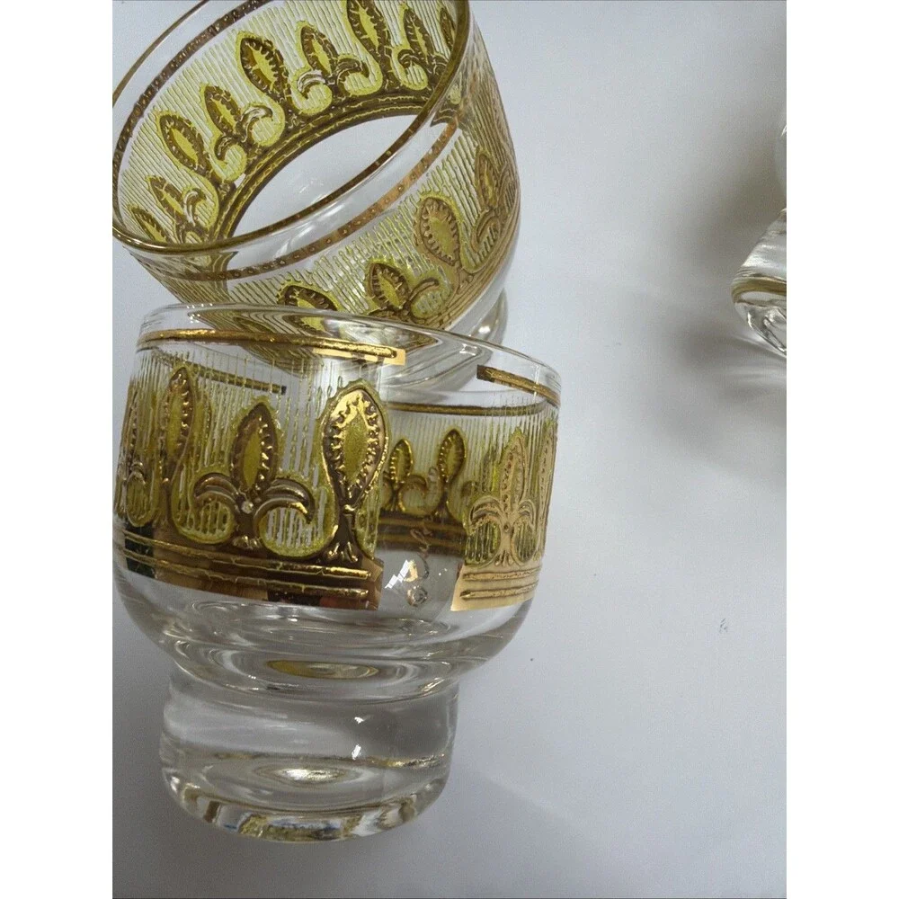 MCM Culver Fleur De Lis Lowball Glasses Set of 4 22KG Gold Citrine Yellow 1960s